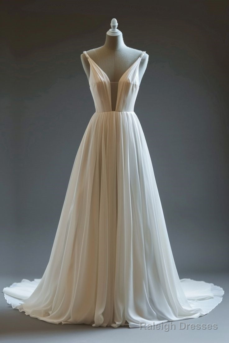 White A-Line Spaghetti Strap Chiffon Long Wedding Dresses Simple Bridesmaid Dresses