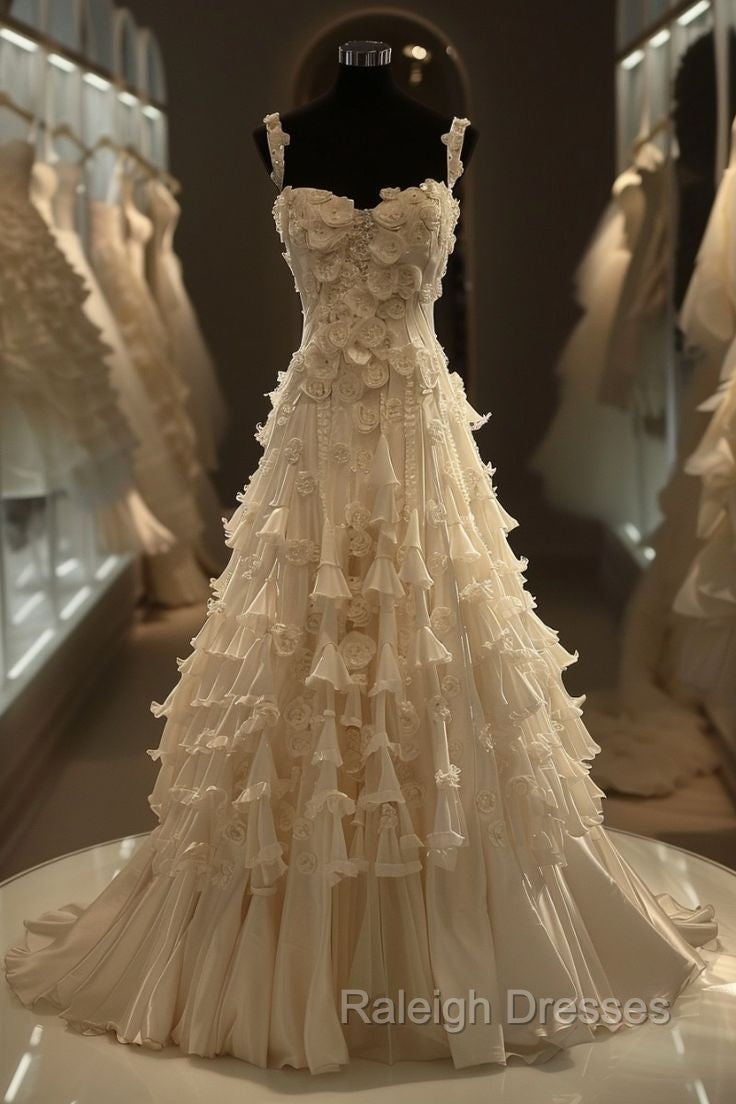 White A-Line Spaghetti Straps Chiffon Satin Long Wedding Dress With Beaded Appliques Simple Prom Dress Secondary image