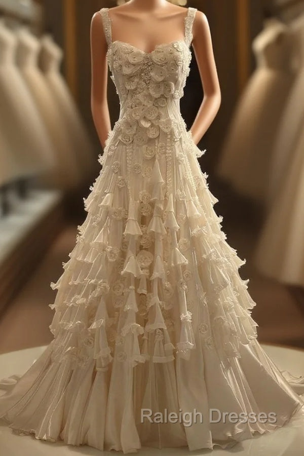 White A-Line Spaghetti Straps Chiffon Satin Long Wedding Dress With Beaded Appliques Simple Prom Dress Main image