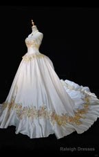 White A-Line Strapless Satin Sequins Long Prom Dress Embroidered Applique Wedding Dress
