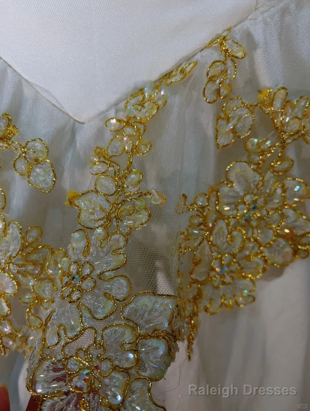 White A-Line Strapless Satin Sequins Long Prom Dress Embroidered Applique Wedding Dress