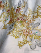 White A-Line Strapless Satin Sequins Long Prom Dress Embroidered Applique Wedding Dress