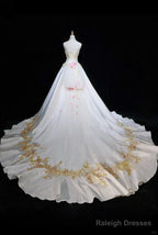 White A-Line Strapless Satin Sequins Long Prom Dress Embroidered Applique Wedding Dress