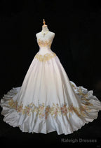 White A-Line Strapless Satin Sequins Prom Dresses Long Embroidered Applique Wedding Dresses