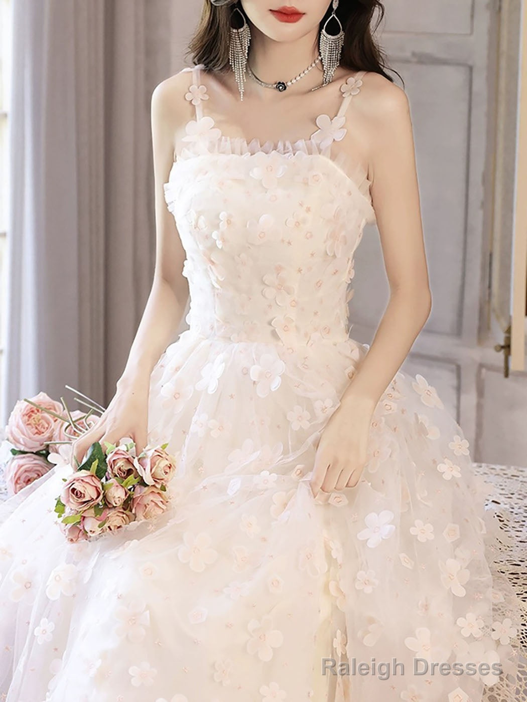 White A-Line Tulle Flower Long Prom Dress, White Formal Evening Dress