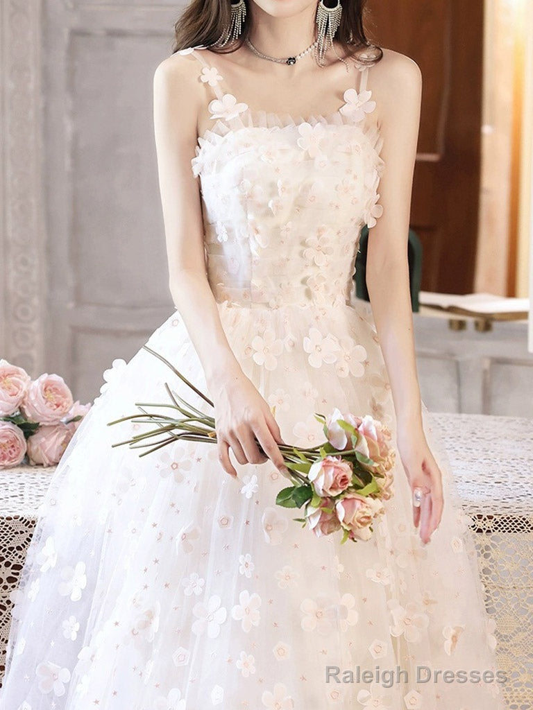 White A-Line Tulle Flower Long Prom Dress, White Formal Evening Dress