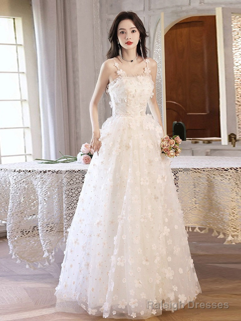 White A-Line Tulle Flower Long Prom Dress, White Formal Evening Dress Main image