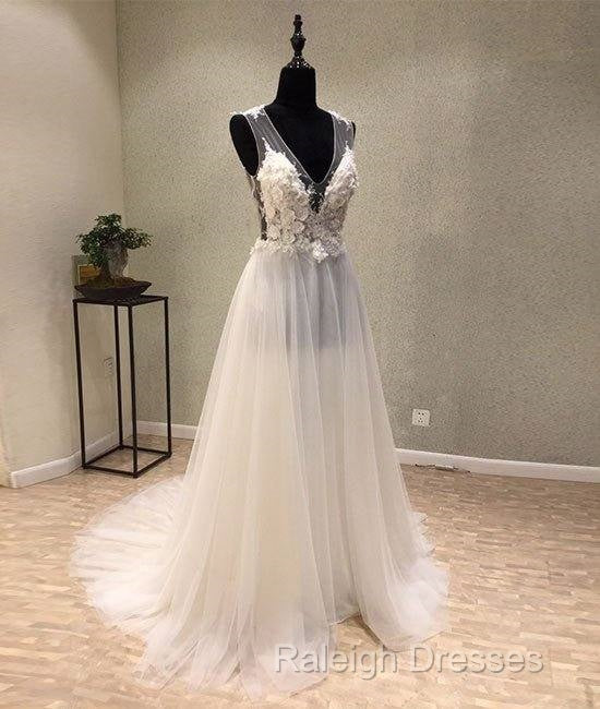 White A-Line Tulle Lace Long Prom Dress, White Wedding Dress Secondary image