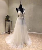White A-Line Tulle Lace Long Prom Dress, White Wedding Dress