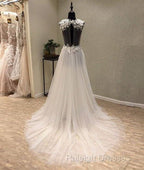 White A-Line Tulle Lace Long Prom Dress, White Wedding Dress