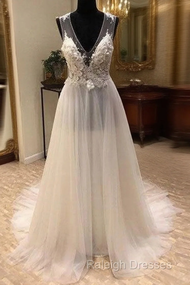 White A-Line Tulle Lace Long Prom Dress, White Wedding Dress Main image