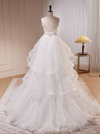 White A Line Tulle Long Prom Dress, White Tulle Sweet 16 Dresses