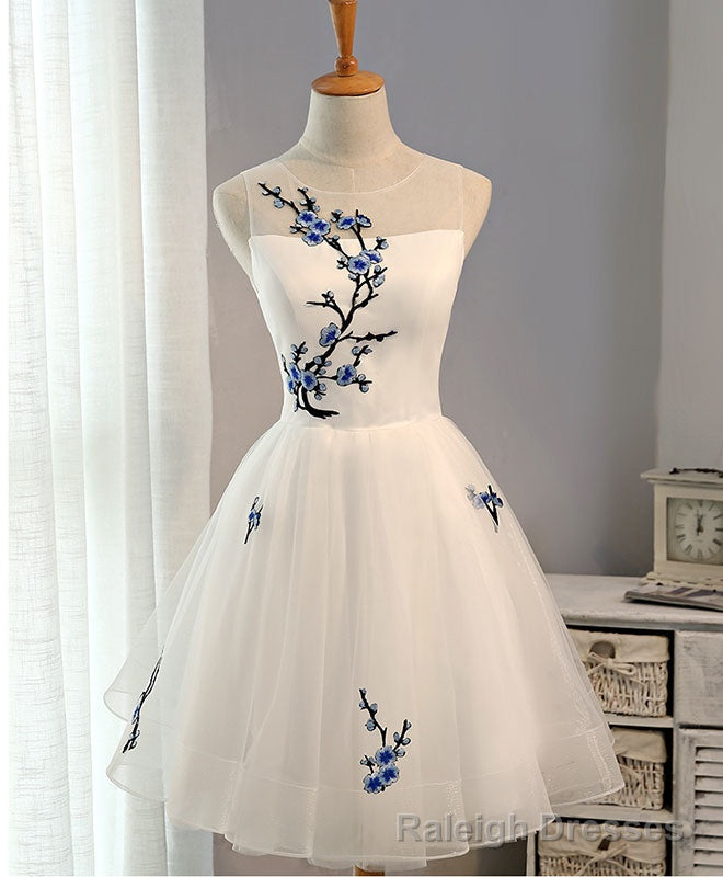 White A Line Tulle Short Prom Dress, White Prom Dress Main image
