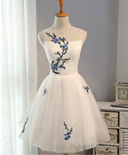 White A Line Tulle Short Prom Dress, White Prom Dress
