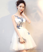 White A-Line Tulle Short Prom Dress, White Evening Dress