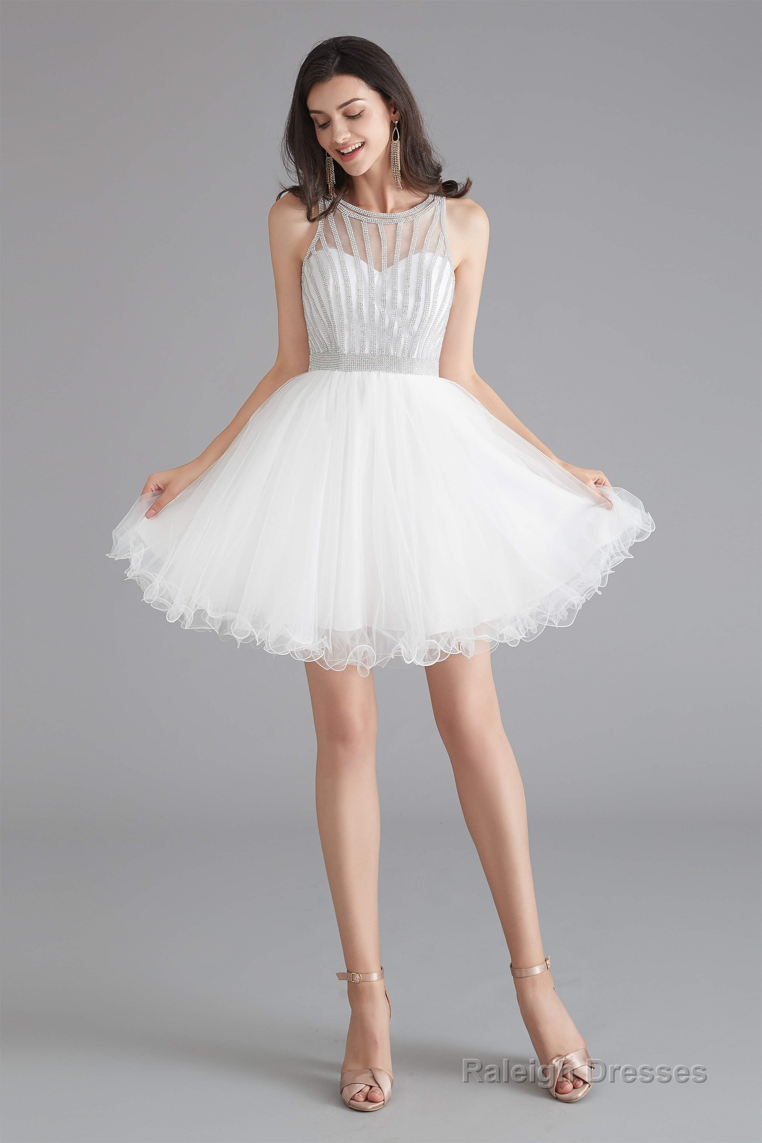 A-Line Tulle Sleeveless Beading Homecoming Dresses