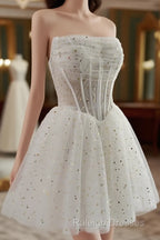 White A-Line Tulle Star Short Prom Dress, White Cute Homecoming Dress