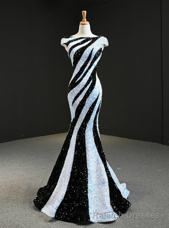 White And Black Mermaid Sequins Cap Sleeve Prom Dress Main image