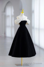 White and Black Velvet Short Prom Dress, Black Off Shoulder Prom Dress