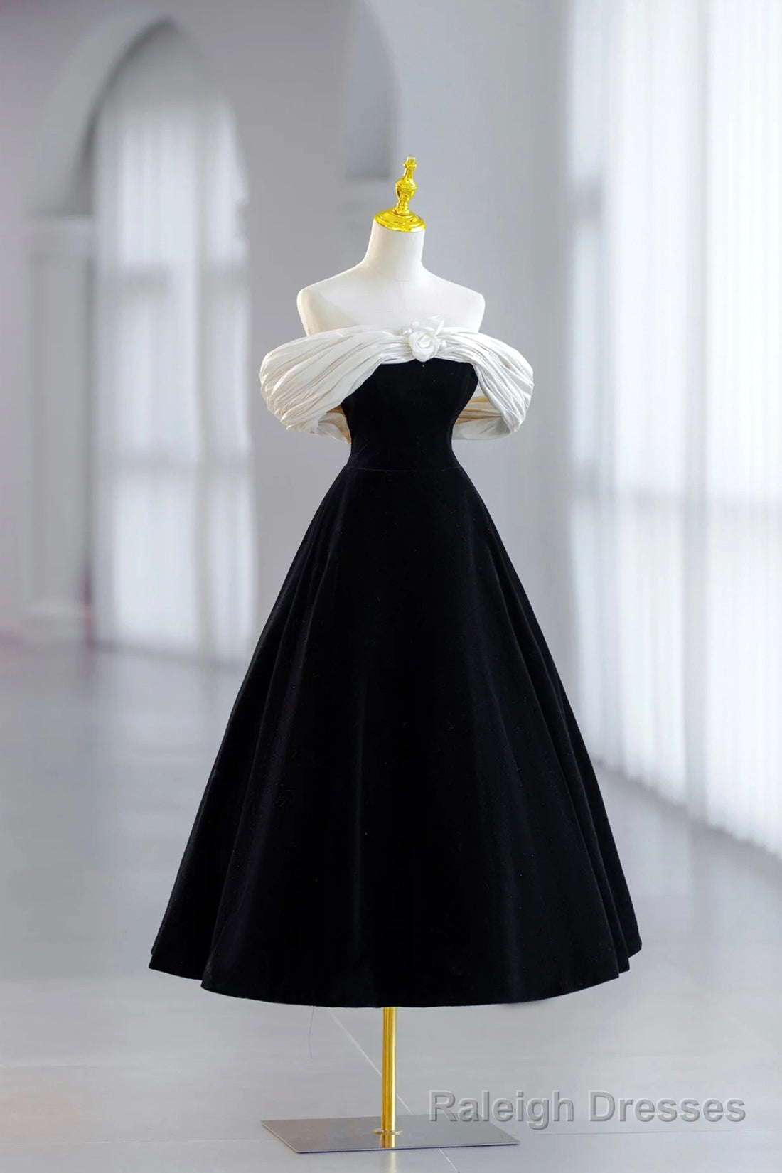 White and Black Velvet Short Prom Dress, Black Off Shoulder Prom Dress