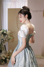 White And Blue Printed Floor Length Prom Dresses Lovely Short Sleeve Prom Dresses