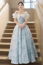 White And Blue Printed Floor Length Prom Dresses Lovely Short Sleeve Prom Dresses