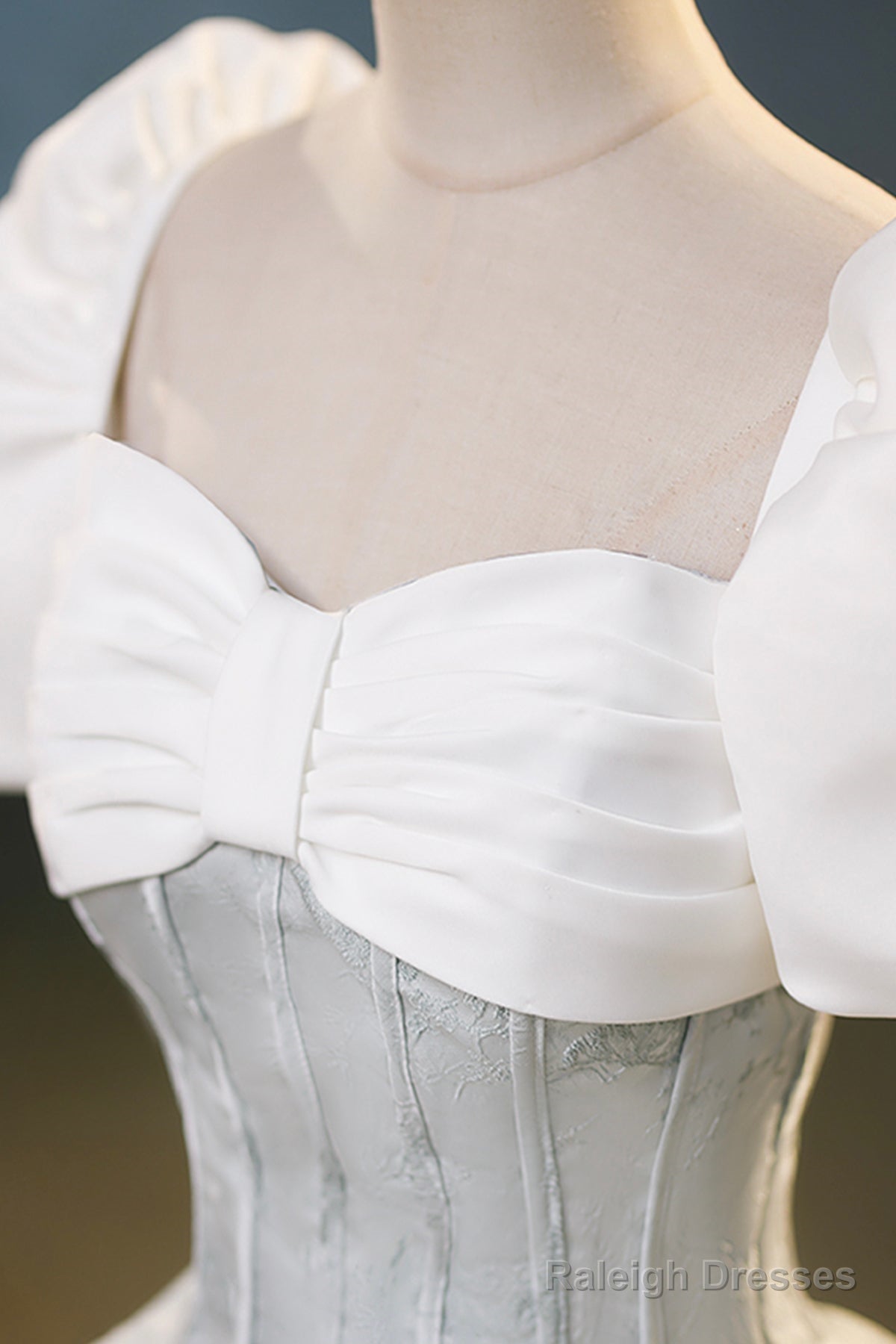 White And Gray Printed Long Ball Gown, Elegant Short Sleeve Formal Gown