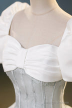 White And Gray Printed Long Ball Gowns Elegant Short Sleeve Prom Gowns