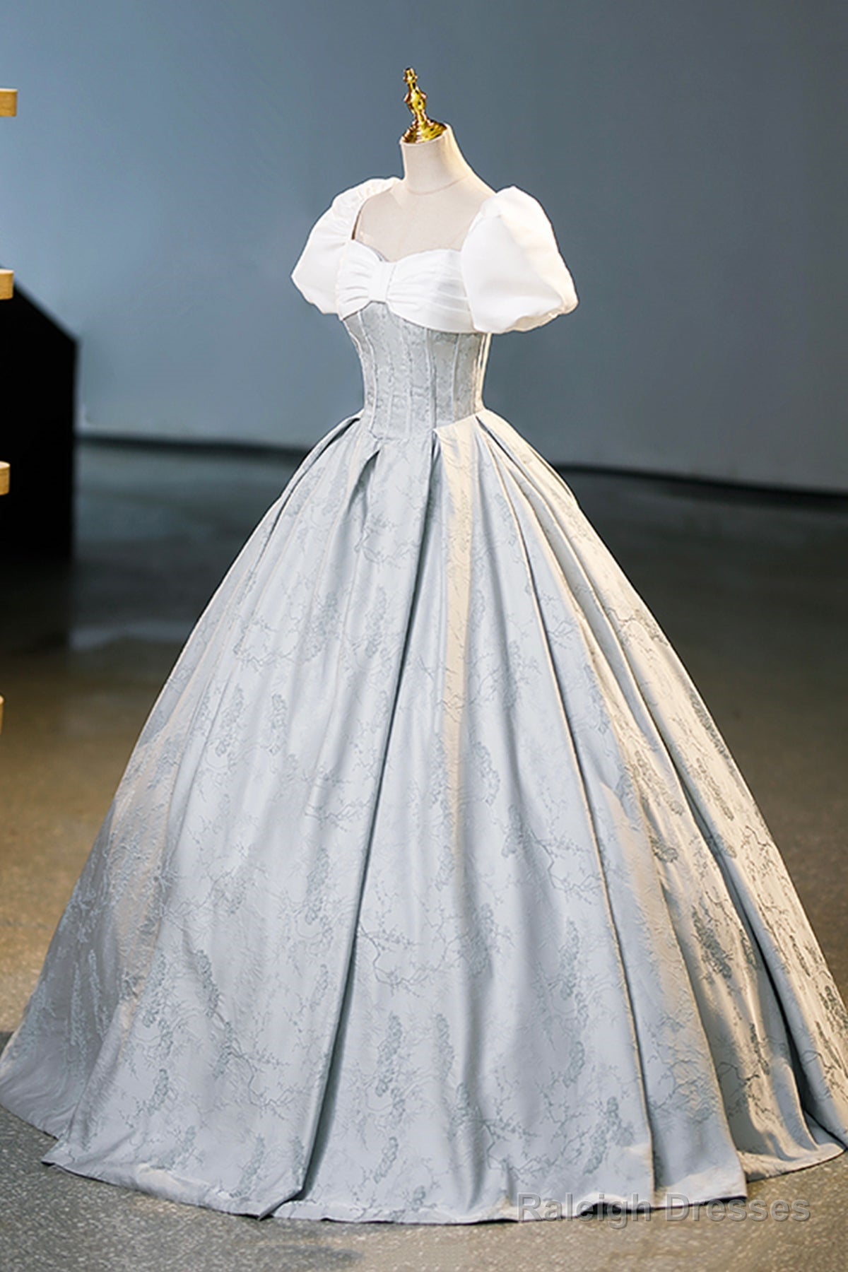 White And Gray Printed Long Ball Gown, Elegant Short Sleeve Formal Gown