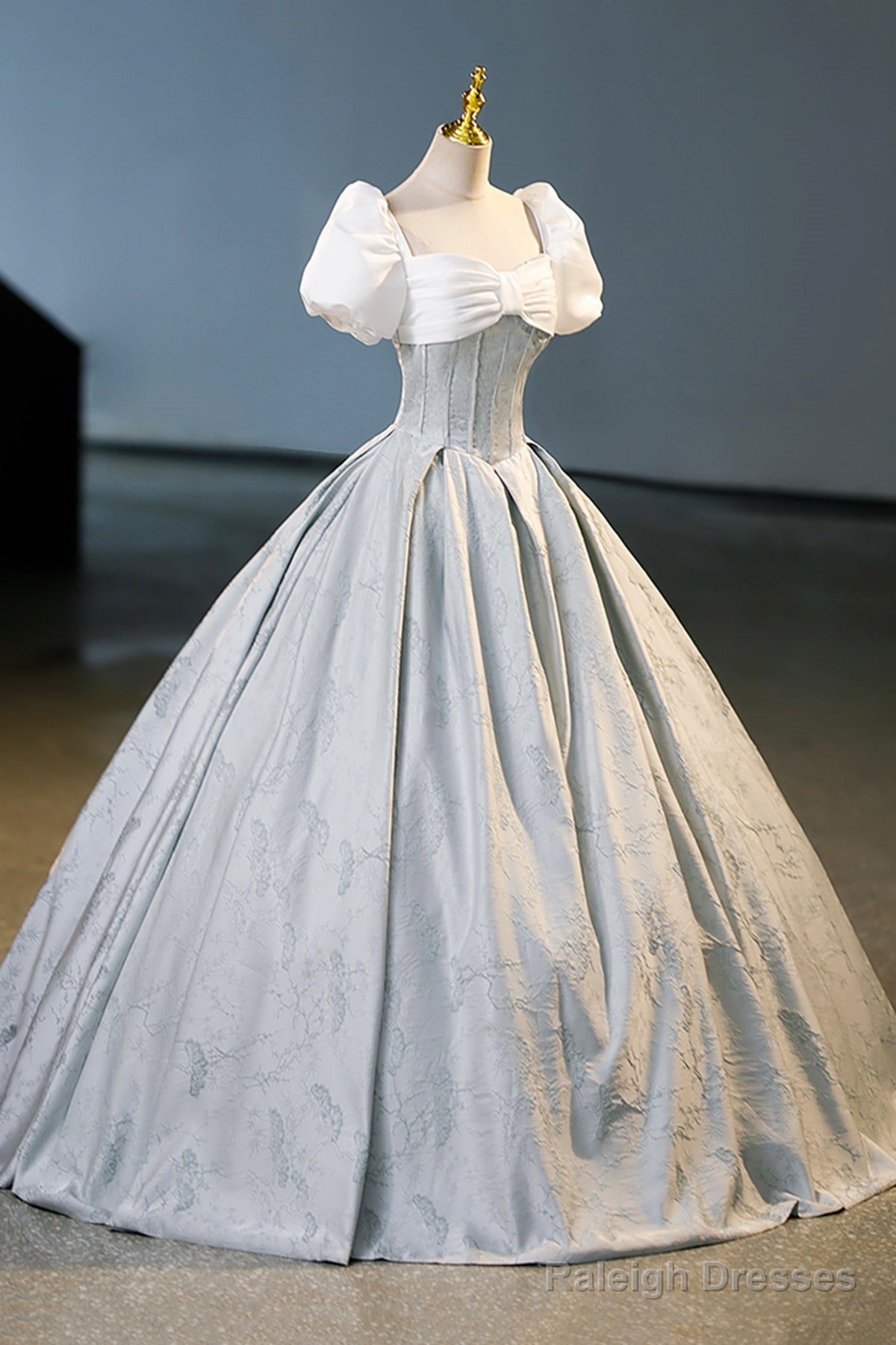 White And Gray Printed Long Ball Gown, Elegant Short Sleeve Formal Gown