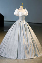 White And Gray Printed Long Ball Gowns Elegant Short Sleeve Prom Gowns