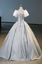 White And Gray Printed Long Ball Gowns Elegant Short Sleeve Prom Gowns