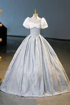 White And Gray Printed Long Ball Gown, Elegant Short Sleeve Formal Gown