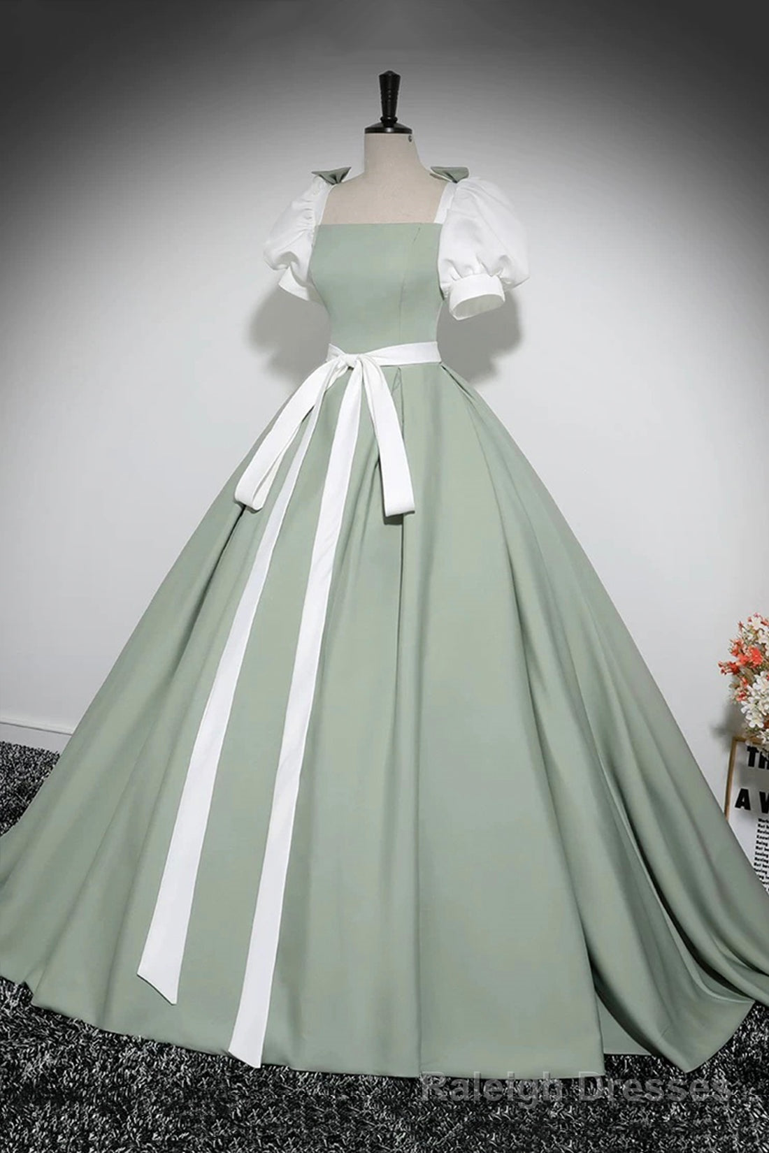 White and Green Floor Length Prom Dress, Lovely A Line Short Sleeve Prom Prom Dress Secondary image