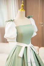 White and Green Long Prom Dress, Lovely A Line Short Sleeve Prom Prom Dress