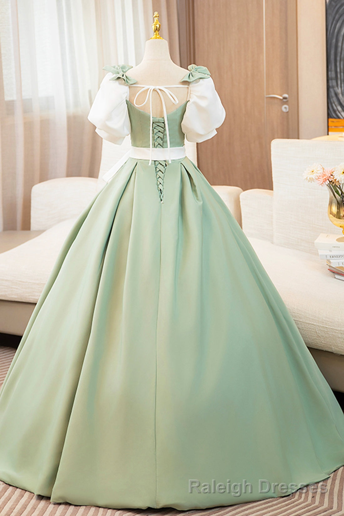 White and Green Long Prom Dress, Lovely A Line Short Sleeve Prom Prom Dress
