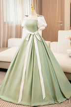 White and Green Long Prom Dress, Lovely A Line Short Sleeve Prom Prom Dress