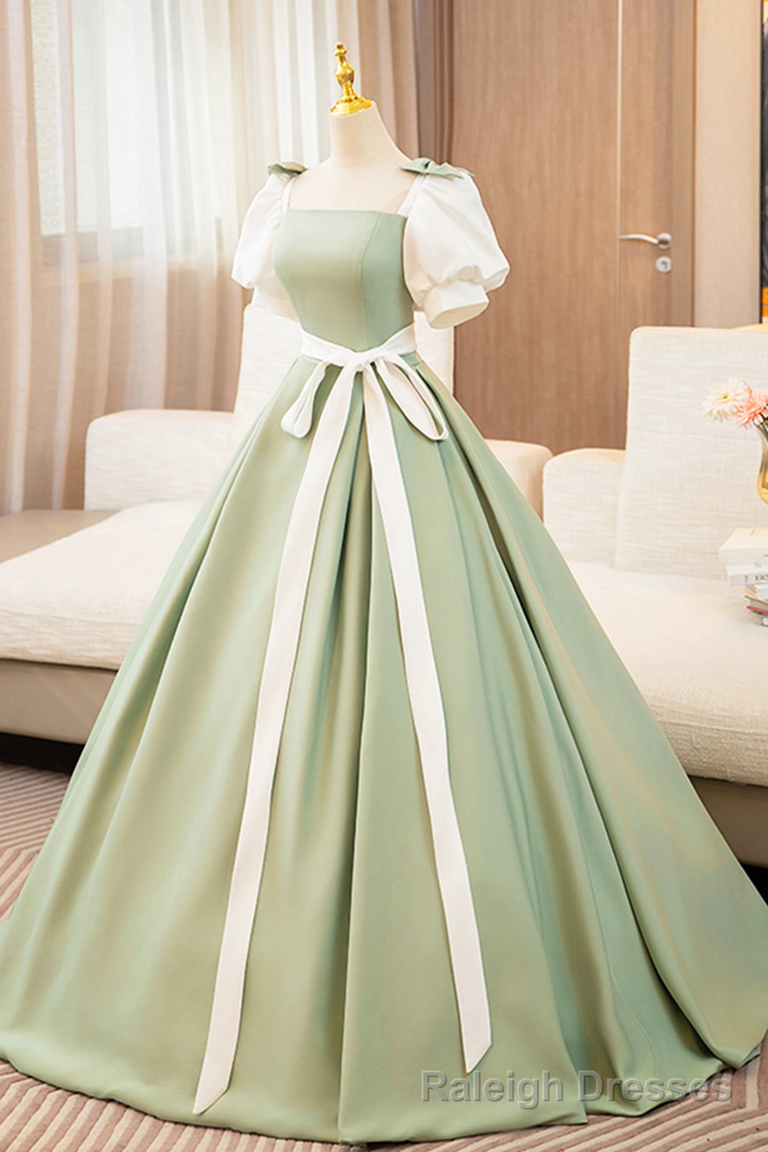 White and Green Long Prom Dress, Lovely A Line Short Sleeve Prom Prom Dress