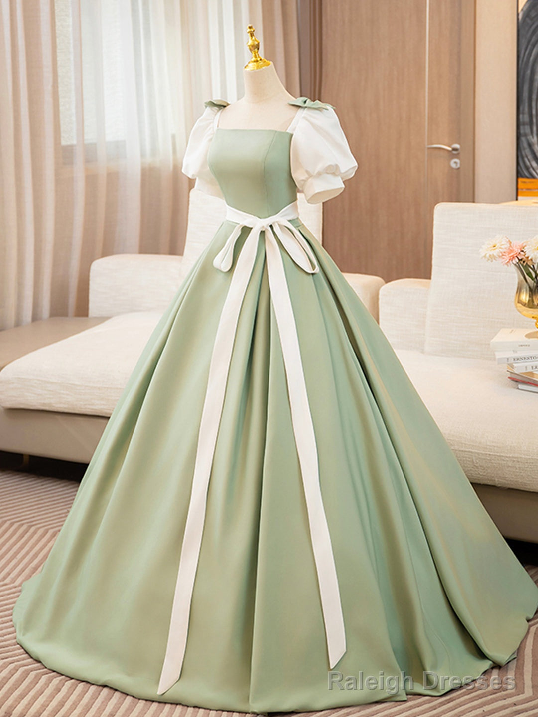 White And Green Satin Long Prom Dress, A-Line Short Sleeve Evening Party Dress