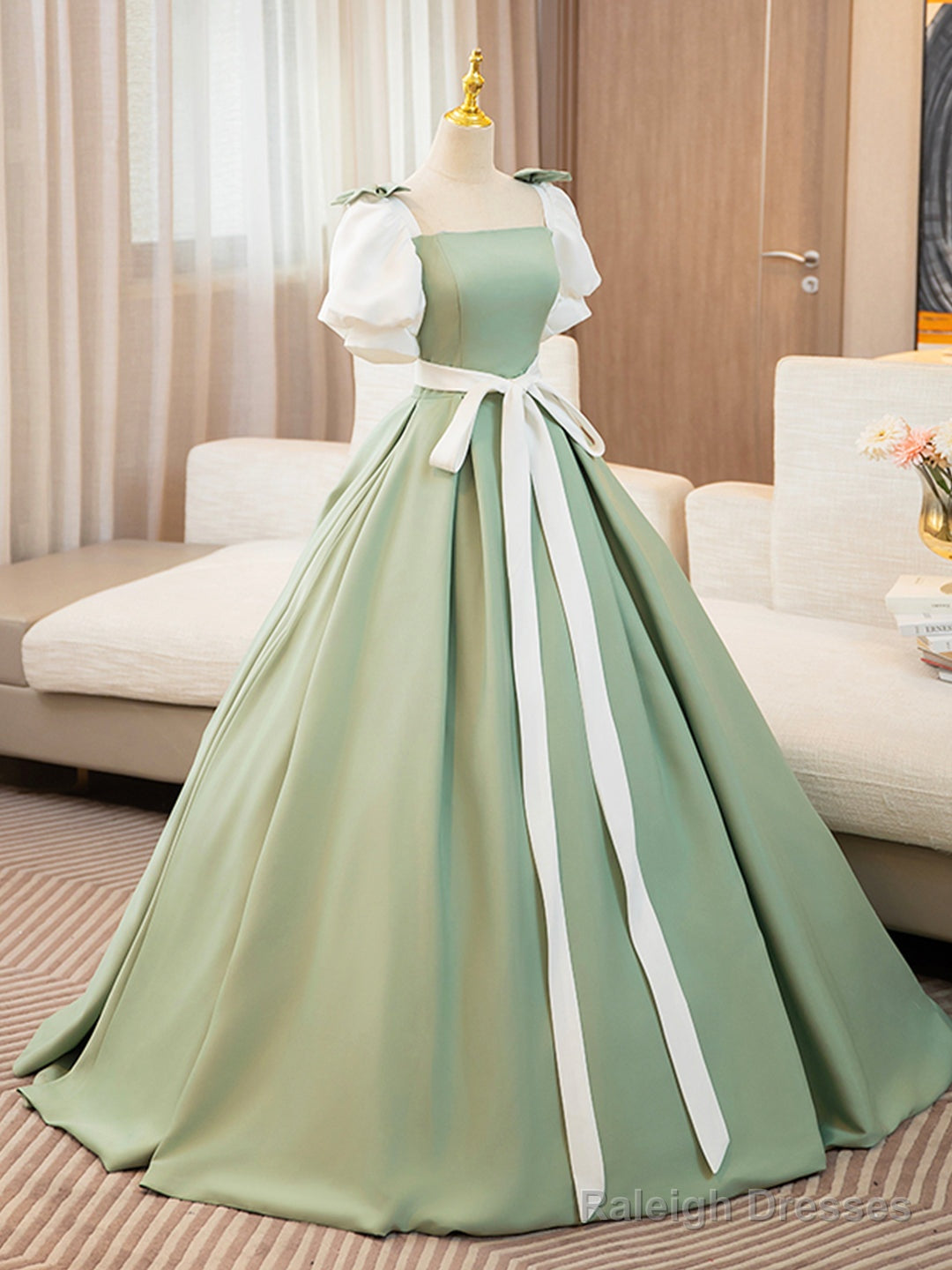 White And Green Satin Long Prom Dress, A-Line Short Sleeve Evening Party Dress