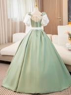 White And Green Satin Long Prom Dress, A-Line Short Sleeve Evening Party Dress
