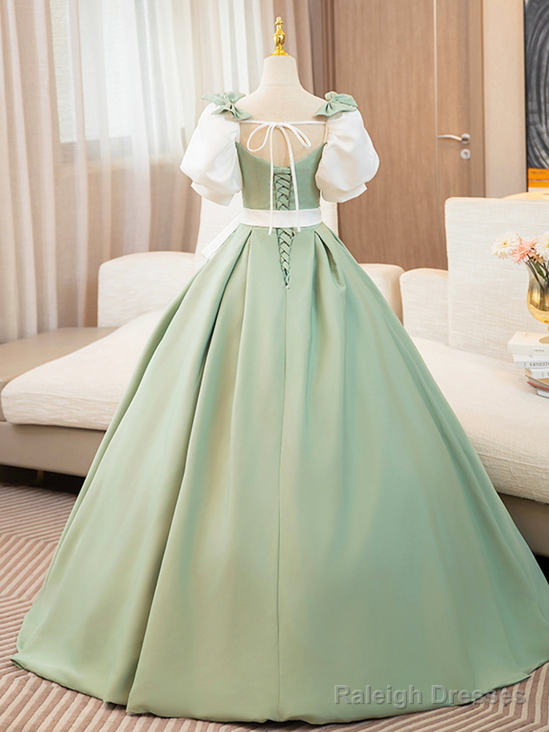 White And Green Satin Long Prom Dress, A-Line Short Sleeve Evening Party Dress