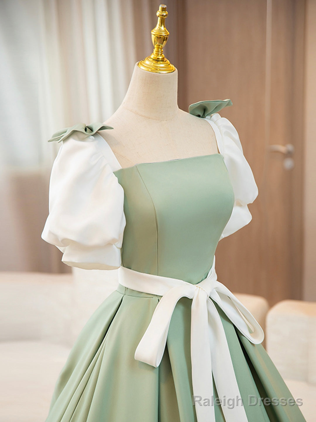 White And Green Satin Long Prom Dresses A-Line Short Sleeve Prom Dresses