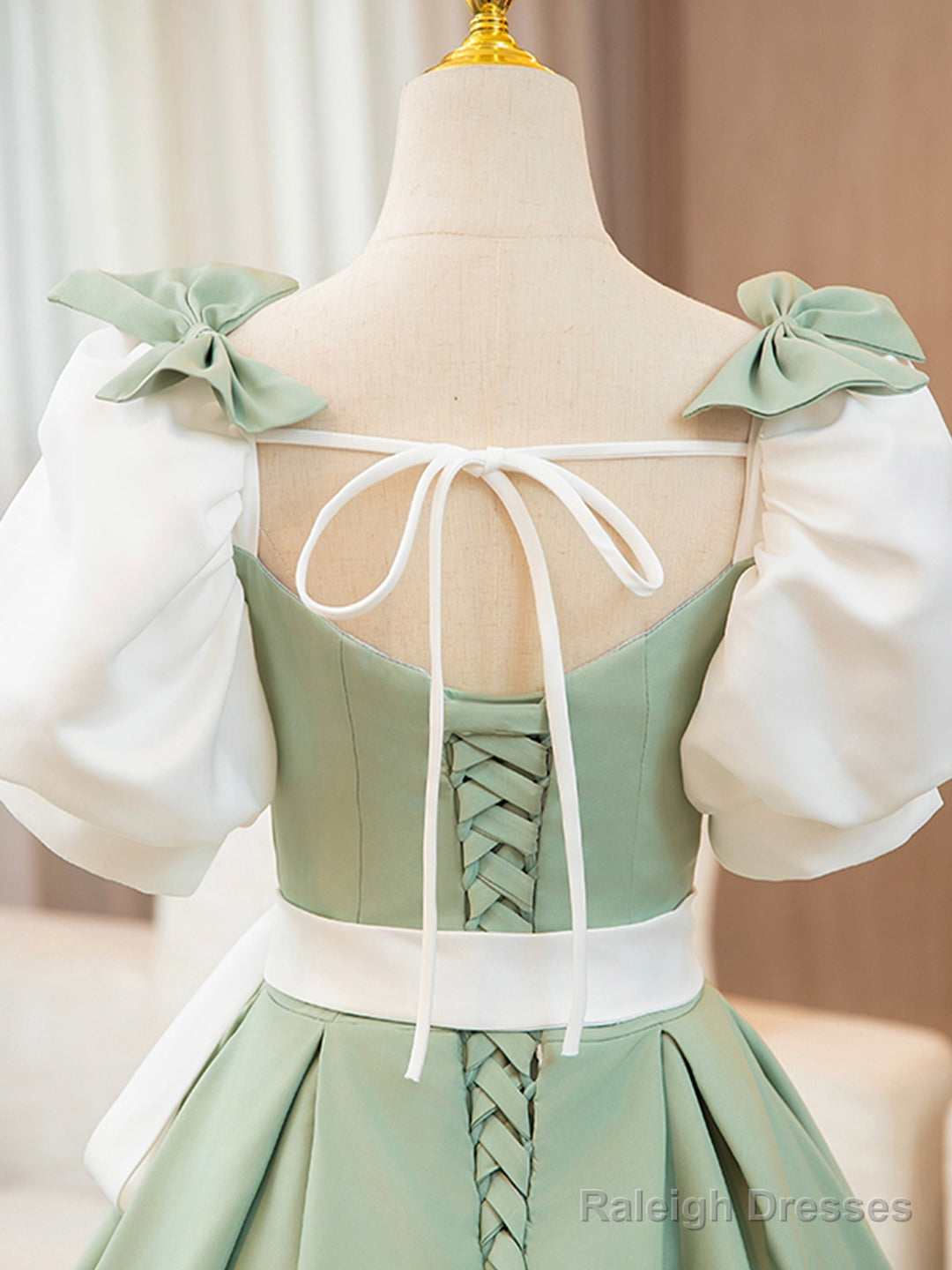 White And Green Satin Long Prom Dresses A-Line Short Sleeve Prom Dresses