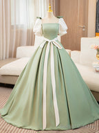 White And Green Satin Long Prom Dress, A-Line Short Sleeve Evening Party Dress
