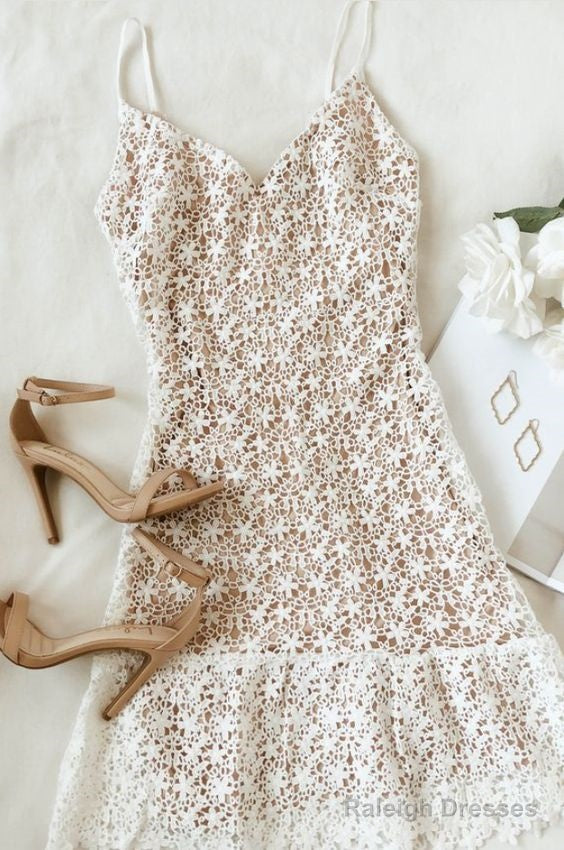 White And Nude Lace Ruffled Mini Dress Homecoming Dress