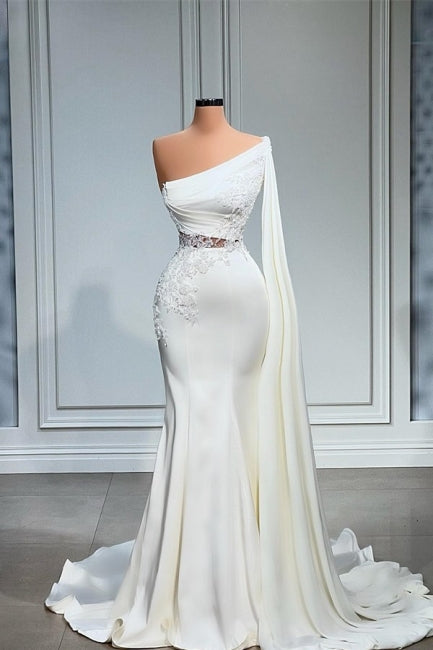 White Asymmetric One Shoulder Mermaid Stretch Satin Evening Prom Dresses