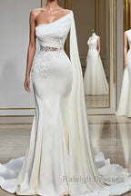 White Asymmetric One Shoulder Mermaid Stretch Satin Prom Dress