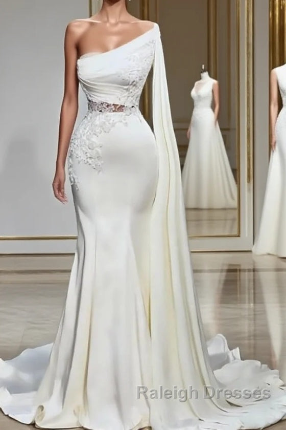 White Asymmetric One Shoulder Mermaid Stretch Satin Prom Dress