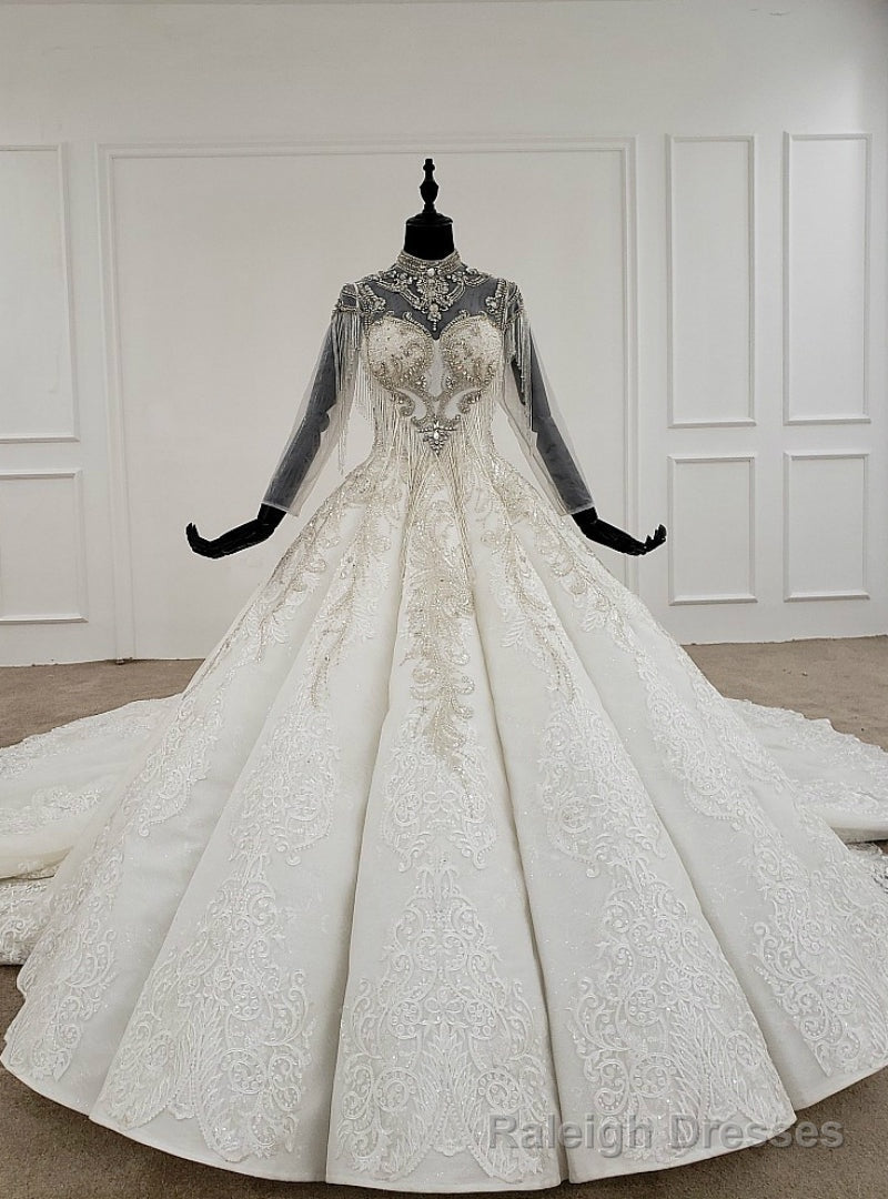 White Ball Gowns Lace Appliques High Neck Beading Crystal Wedding Dress